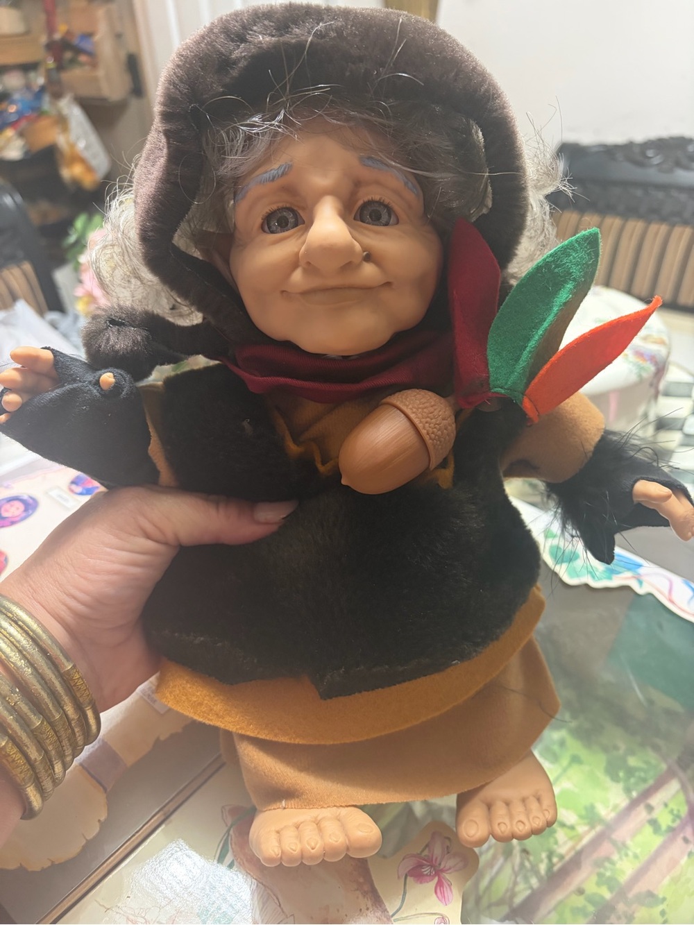 Collector item 1997 Handmade Woodland Elf Doll in Brown with Green & Red Accents